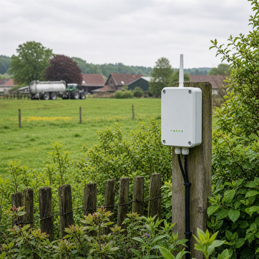 Gülle-Wächter-Sensorbox am Wohnhaus in Sichtweite eines Güllewagens