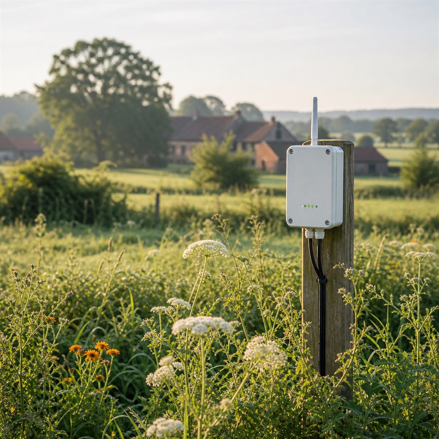 Sensor-Box im Wildblumenwiese-Vordergrund mit Hofstelle in der Ferne — naturwerk© Bürger-Tech gegen Umweltverschmutzung
