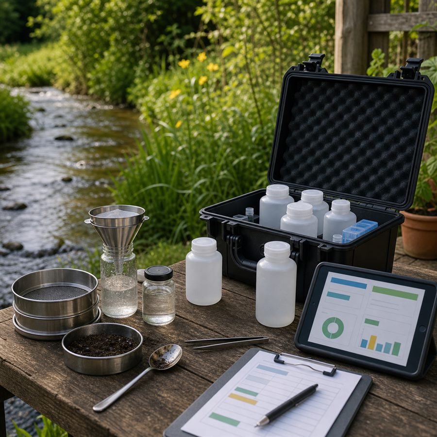 Mikroplastik-Sammler-Stand mit Filter-Membran auf einer Wiese vor einer Industrieanlage