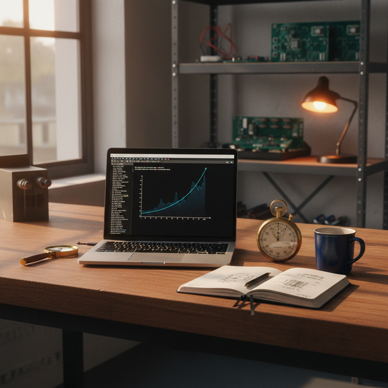 Schreibtisch mit Laptop, dessen Bildschirm eine steil steigende exponentielle Kurve zeigt, daneben eine mechanische Stoppuhr, ein aufgeschlagenes Notizbuch mit Skizzen, eine Kaffeetasse und eine Lupe in warmem Spätnachmittagslicht