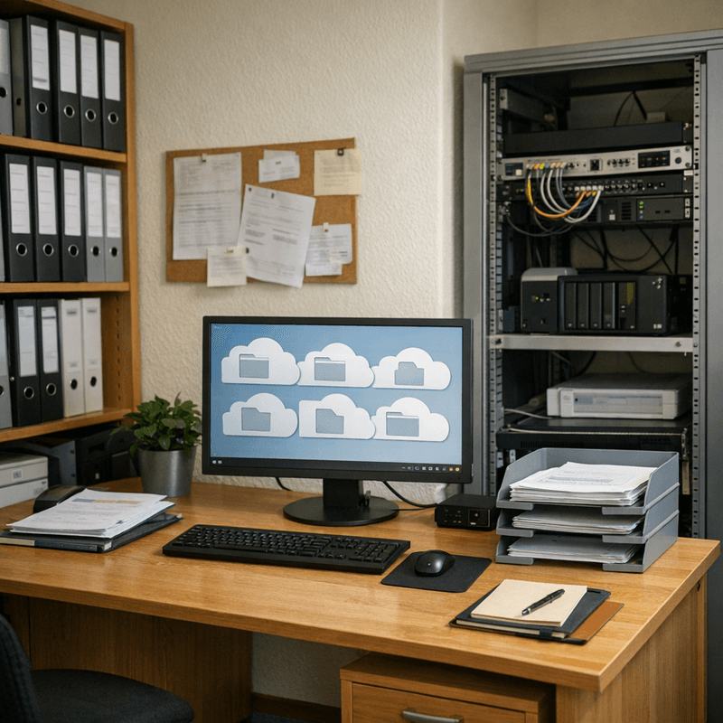 Dokumentarische Büro- und Server-Szene mit Dateistruktur, Teamarbeitsplatz und einem ruhigen Nextcloud-Setup