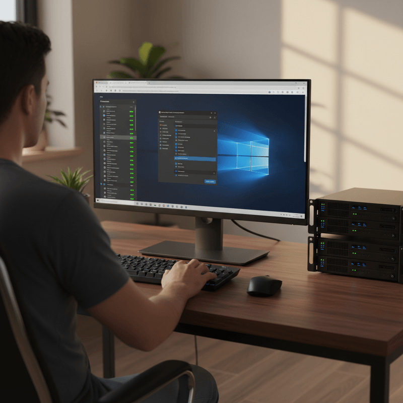 IT-Profi am Schreibtisch mit aktiver Fernwartungs-Sitzung über eigenen Server
