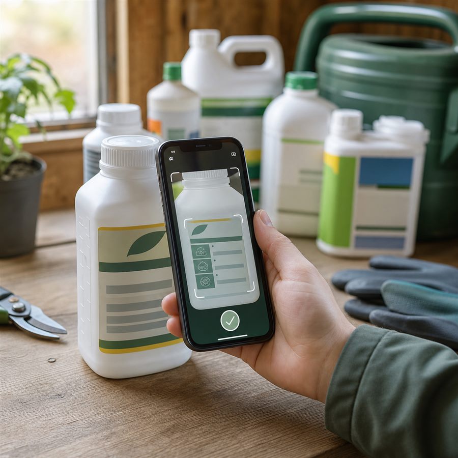 Smartphone fotografiert ein Pestizid-Etikett am Spritzkanister