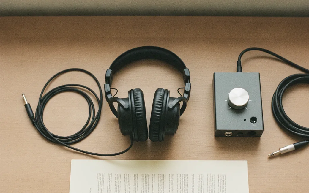 Studiokopfhörer, kleines Audiogerät und ein ausgedrucktes Skript auf einem Holzschreibtisch