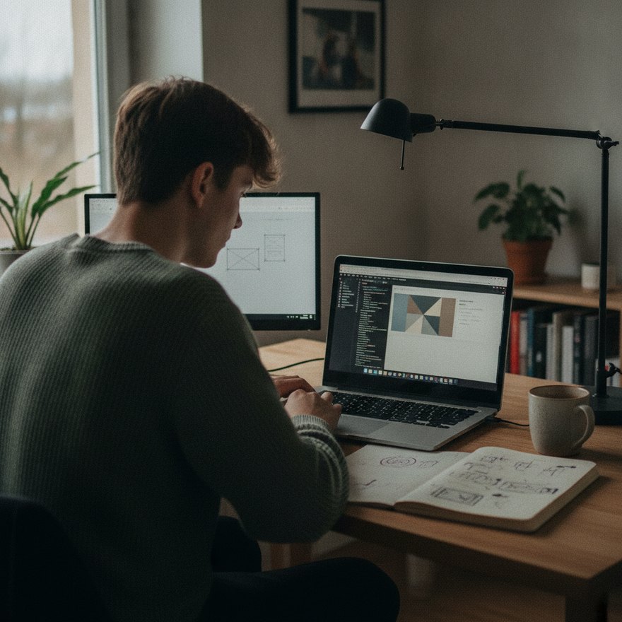 Praktikant im Homeoffice bei Layout- und Code-Arbeit am Schreibtisch
