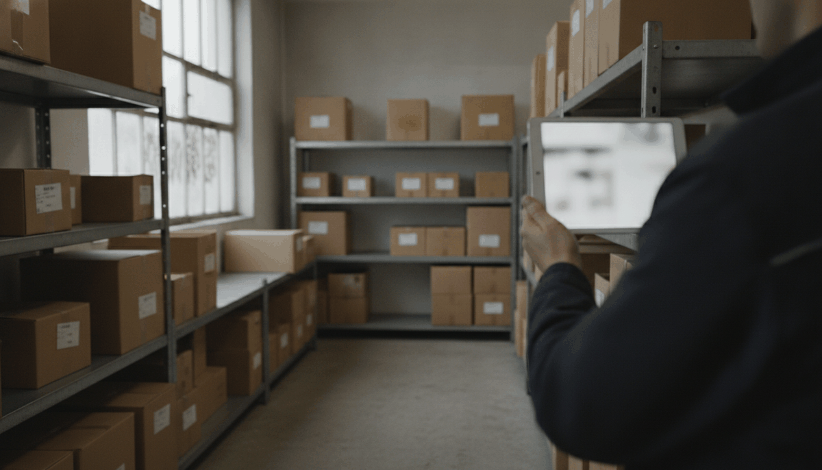 Lagerregal mit Kartons, im Vordergrund eine Hand mit Tablet