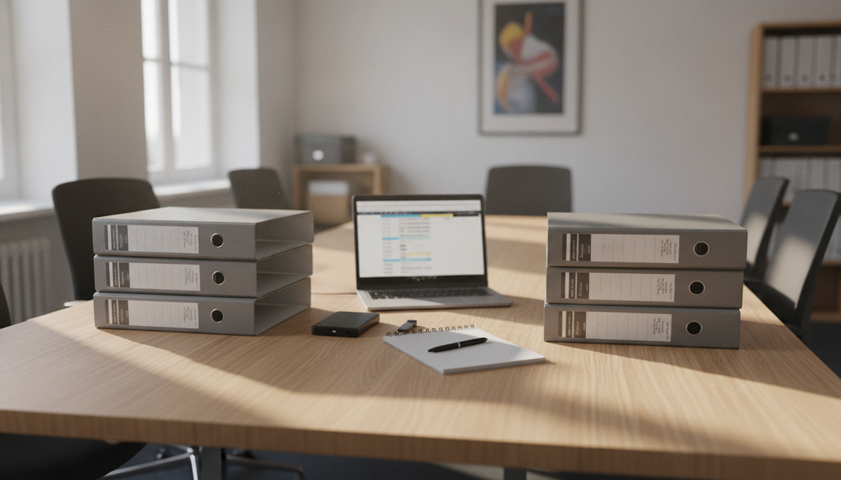 Besprechungstisch mit Aktenordnern, externer Festplatte, USB-Stick, Notizblock und Notebook mit unscharfer Tabelle