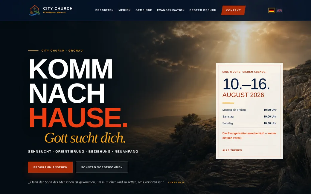Startseite von citychurch-gronau.de mit Veranstaltungsreihe und Programmzeiten