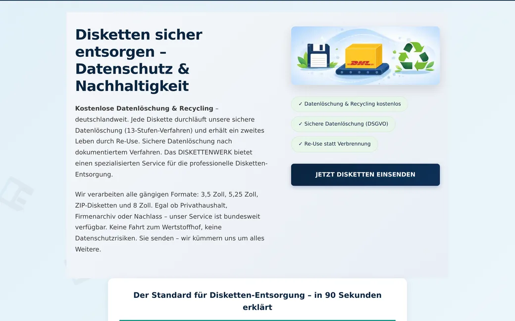 Startseite von diskettenwerk.de mit dem Angebot zur Diskettenentsorgung