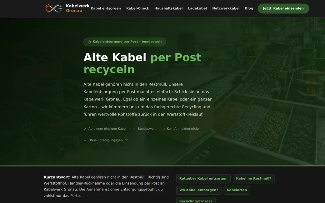 Startseite von kabel-entsorgen.de mit dem Angebot zur Kabelrücknahme per Post