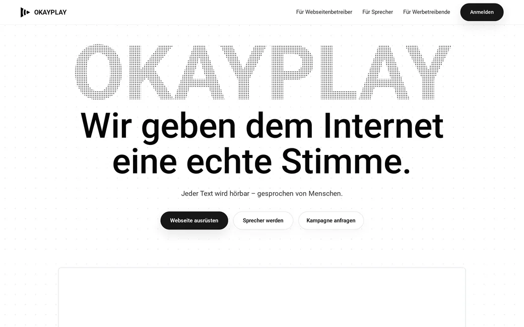 Startseite von okayplay.de mit dem Leitsatz Wir geben dem Internet eine echte Stimme