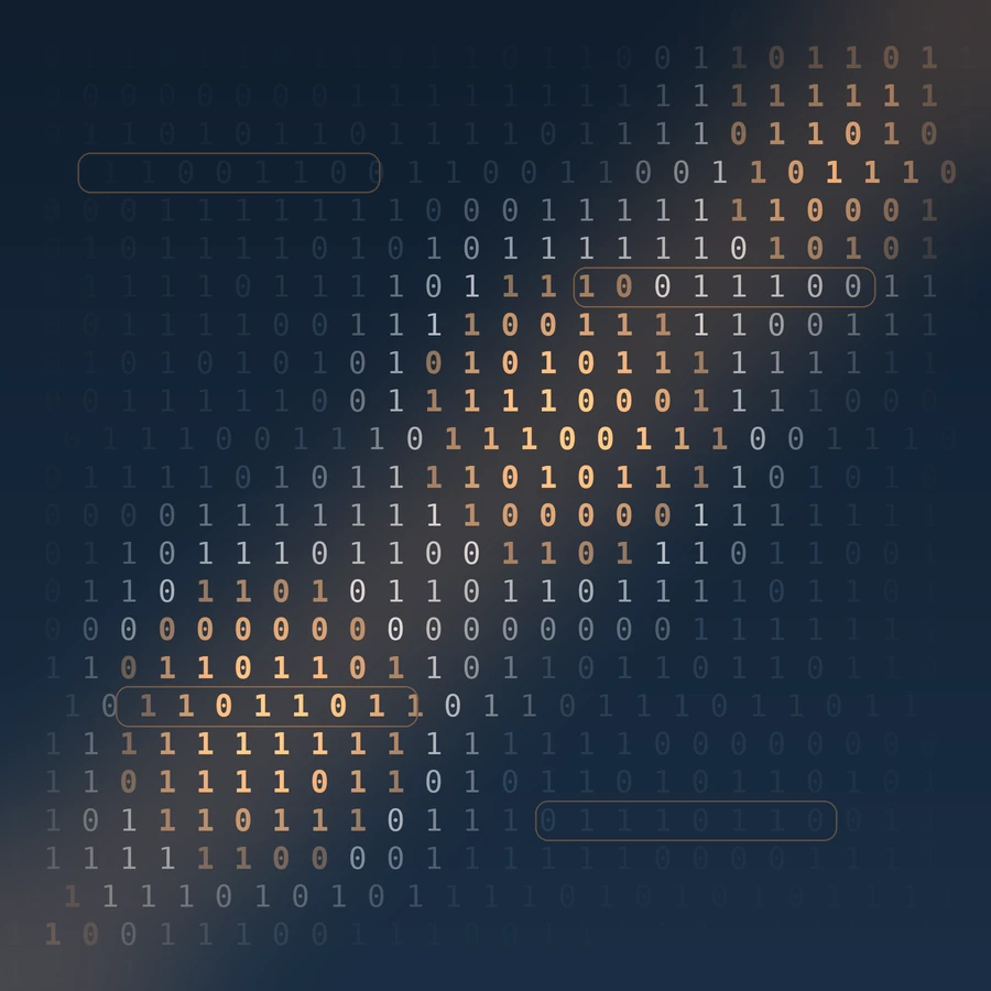 Abstrakte Grafik: ein Feld aus Nullen und Einsen, in dem ein heller Datenstrom diagonal durch das Rauschen läuft