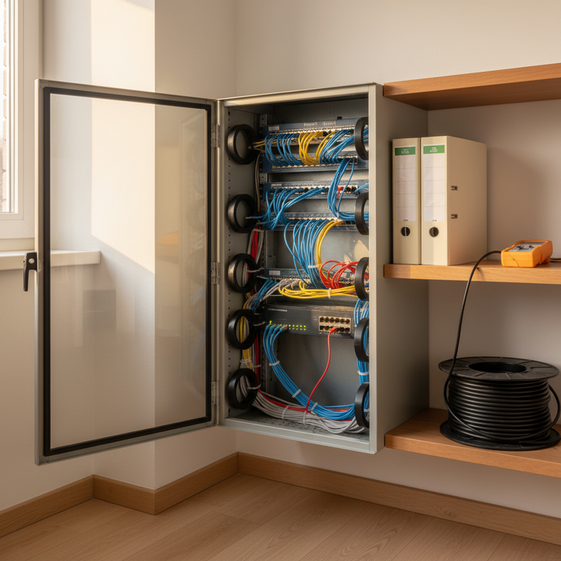 Schnittstellen-Integration – offener Netzwerkschrank mit Patch-Panel und bunten Ethernet-Kabeln in einem Mittelstandsbüro