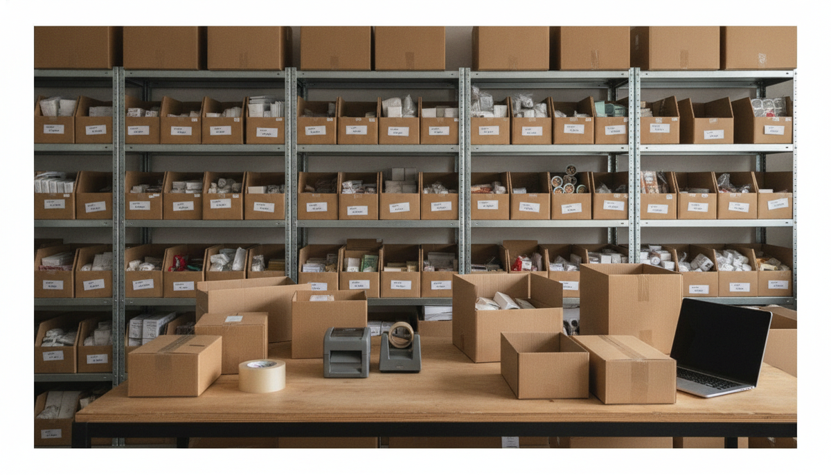 Packtisch eines kleinen Versandhandels mit Kartons, Klebeband, Etikettendrucker und Laptop