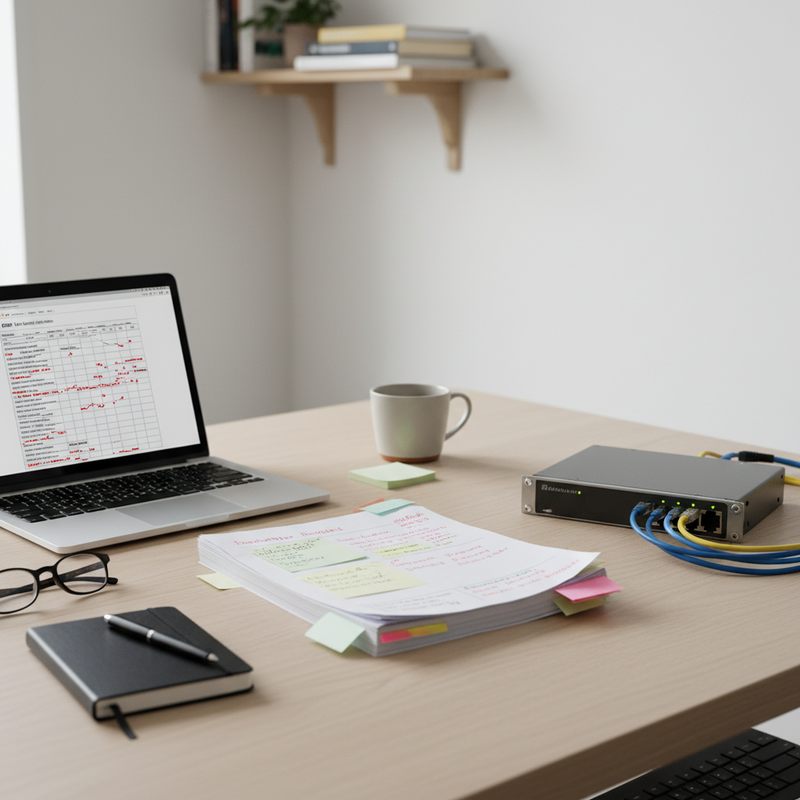 Schreibtisch mit Laptop, der einen Sicherheits-Befund-Bericht mit roten Markierungen zeigt, daneben ein Stapel Papier mit handschriftlichen Notizen und ein kleiner Netzwerk-Switch