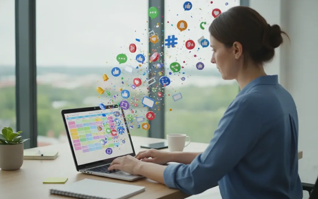 Frau am Laptop mit farbigem Beitragsplan am Fenster