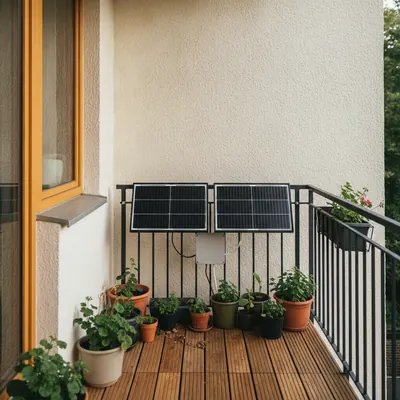Balkon eines Mehrfamilienhauses mit zwei Solarmodulen am Geländer und Mikrowechselrichter dahinter