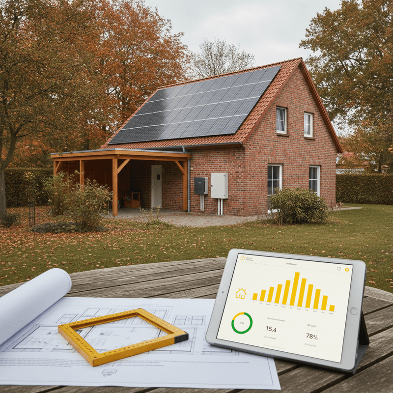 Einfamilienhaus mit Photovoltaik-Modulen auf dem Ziegeldach, Wechselrichter und Speicher an der Hauswand, davor ein Gartentisch mit Dachplan, Zollstock und Tablet mit Ertragsdiagramm der Anlage