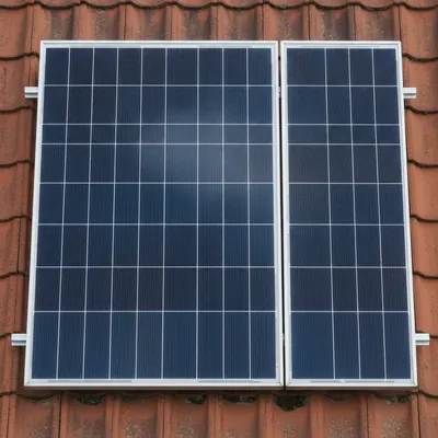 Zwei dunkle Solarmodule mit Aluminiumrahmen auf einem roten Ziegeldach