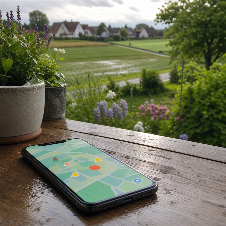 Smartphone mit Spritzalarm-Karte auf einem Gartentisch am Feldrand