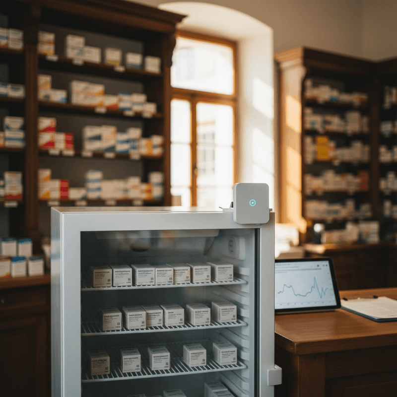 Apotheken-Kühlschrank mit Sensor und Tablet, das eine Temperatur-Kurve zeigt
