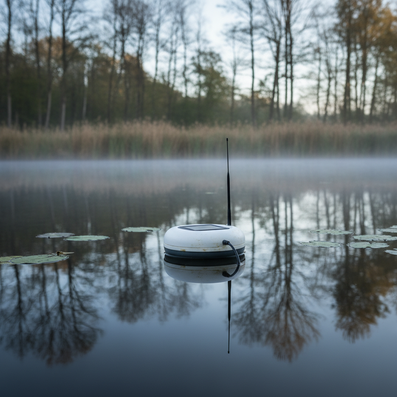 Solarbetriebene schwimmende Wasser-Sensor-Einheit auf einem ruhigen Vereinsteich im Morgennebel