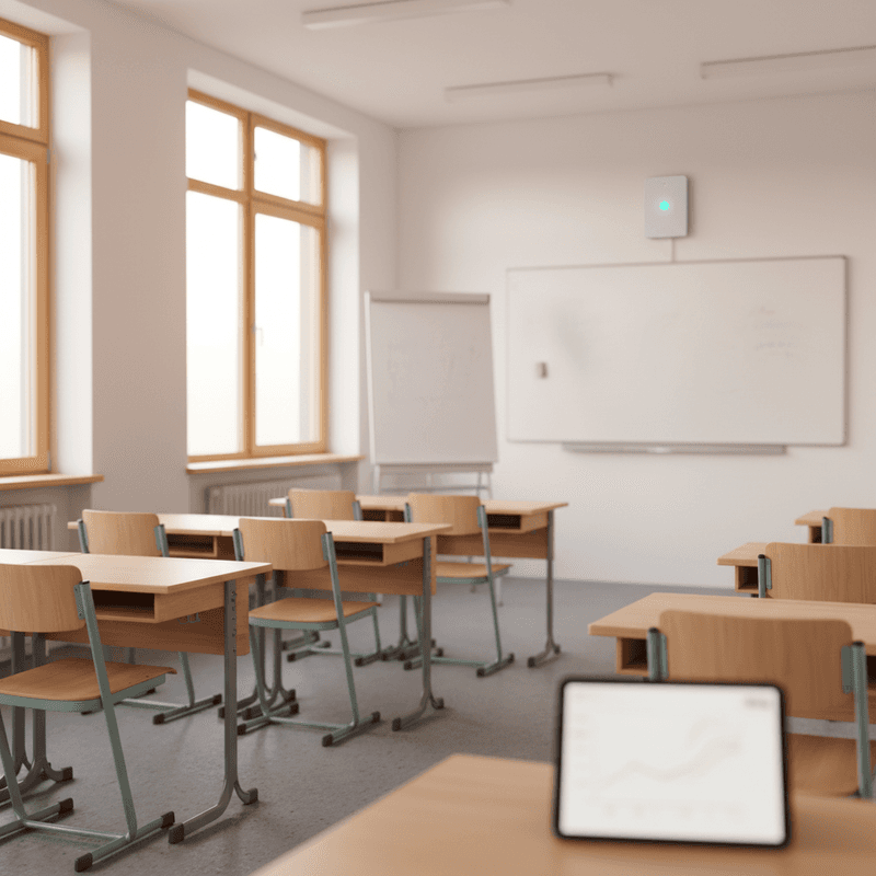 Klassenraum mit Sensor an der Wand, Tablet auf dem Lehrertisch zeigt CO2-Kurve