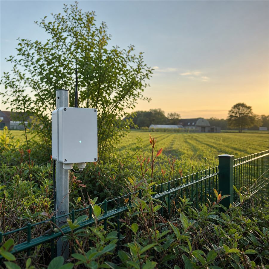Drift-Wächter Sensorbox am Hauseck mit Wind aus Richtung Maisfeld