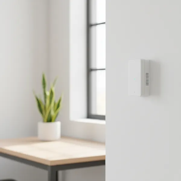 CO2-Sensor an einer Bürowand bei großer Fensterfront