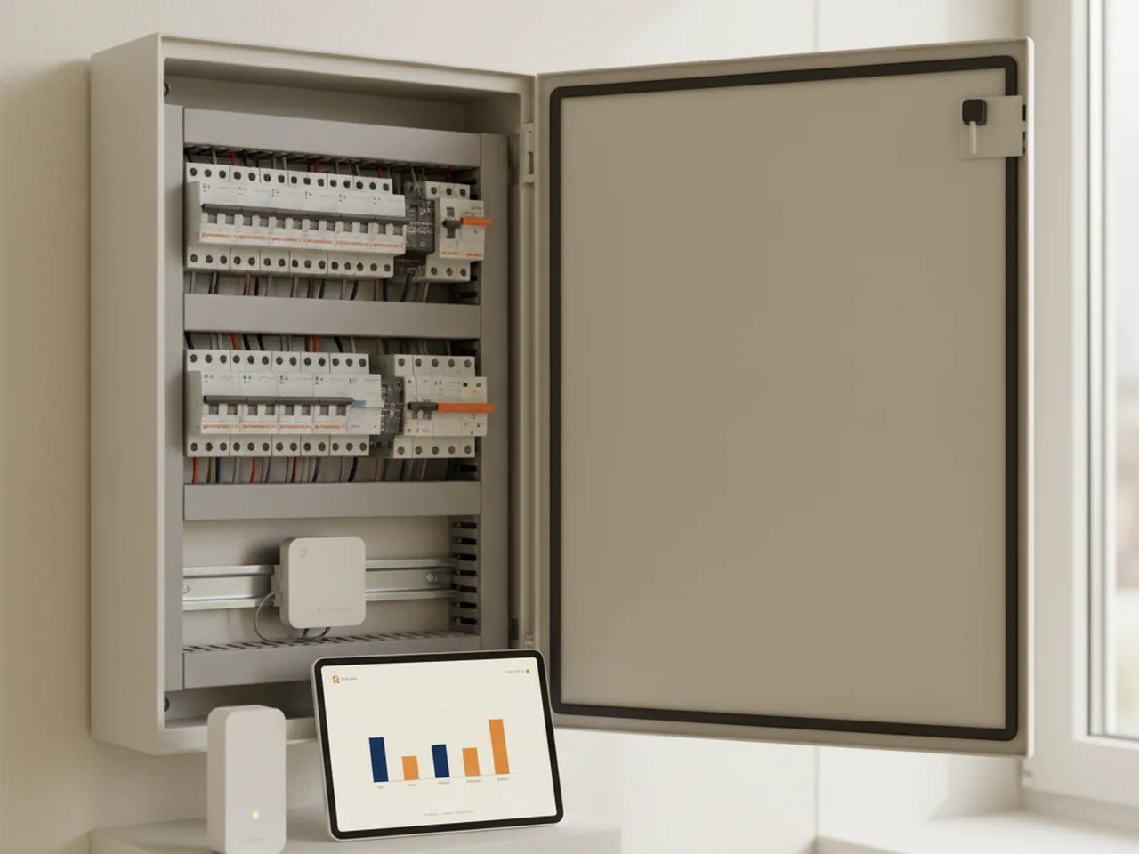 Stromzähler im Verteilerschrank, davor ein Mining-Rig mit Status-LEDs