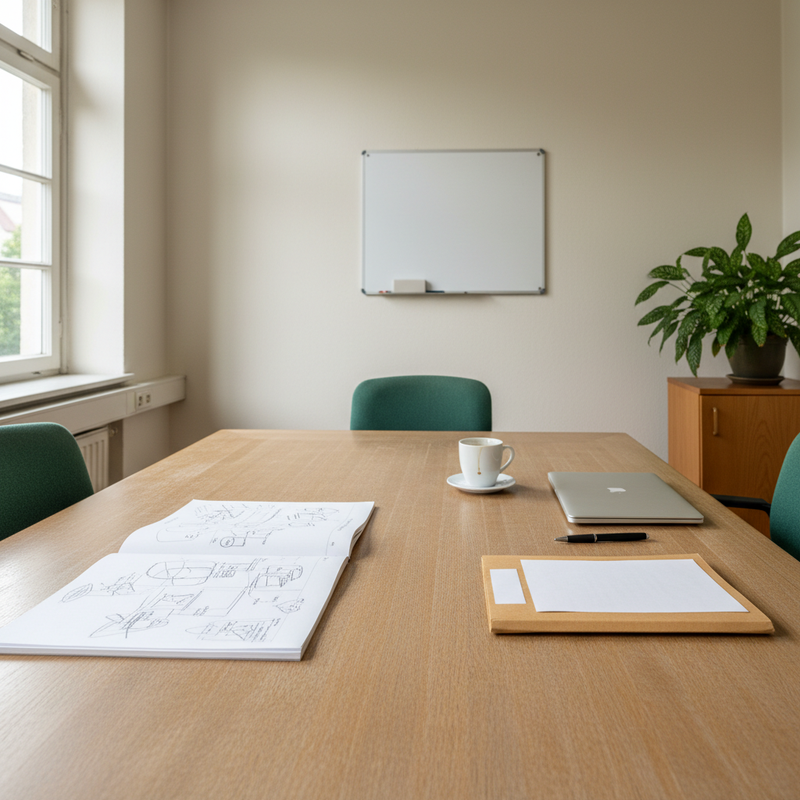 Besprechungstisch in einem deutschen Mittelstandsbüro mit offenen Notizbüchern, geschlossenem Laptop, Kaffeetasse und leerem Whiteboard im Hintergrund – Sinnbild für vertrauliche Team-Zusammenarbeit auf eigenem Server
