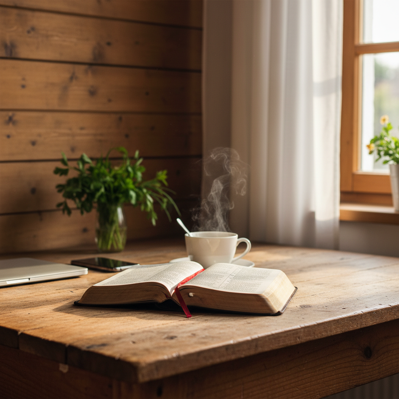 Holztisch am Morgen mit zugeklapptem Laptop, Smartphone Bildschirm nach unten, einer offenen alten Bibel mit rotem Lesezeichen, einer dampfenden Tasse Tee und frischen Kräutern am Fenster