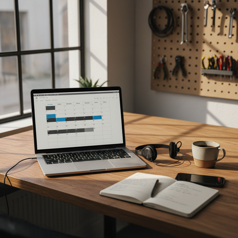 Werkstatt-Schreibtisch mit Laptop, Wochenkalender, Headset und Notizbuch bereit für Fernwartungstermin
