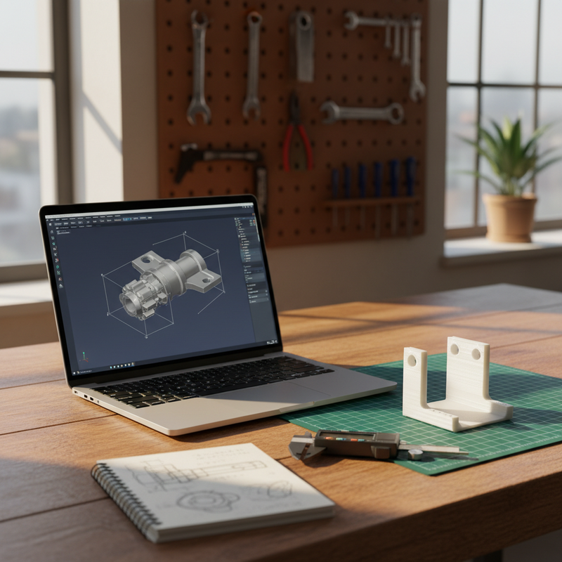 Werkbank mit Laptop, der eine CAD-Software mit metallischem Bauteil zeigt, daneben ein 3D-gedruckter weißer Halter und Skizzen-Notizbuch