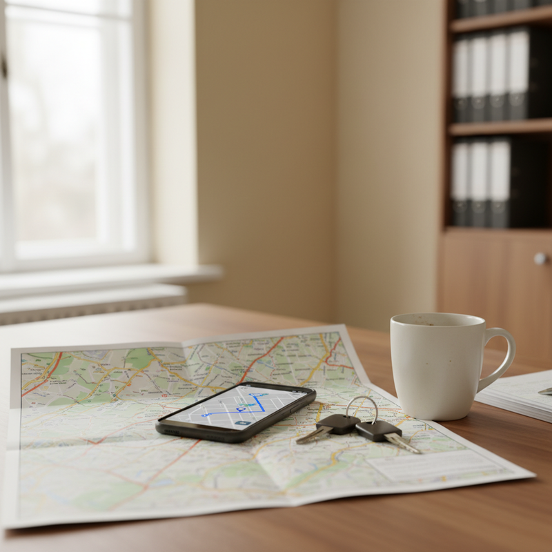 Aufgeklappte Straßenkarte auf einem Bürotisch, daneben ein Mobilgerät mit Routenanzeige, Fahrzeugschlüssel und eine Tasse