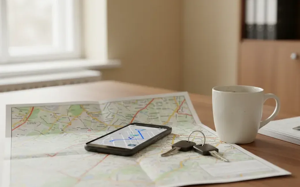 Ausgebreitete Straßenkarte mit Smartphone, Fahrzeugschlüssel und Kaffeetasse