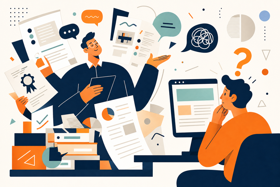 Flache Illustration: Ein Experte steht zwischen vielen Dokumenten und Symbolen, während ein Besucher vor einer Webseite sichtbar überfordert ist