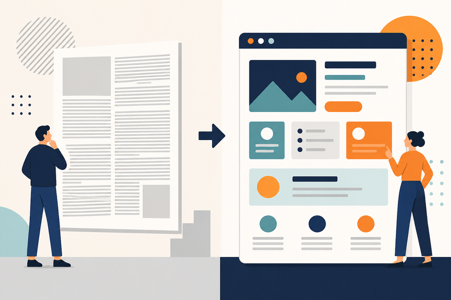 Flache Illustration: Links ein langer gedruckter Flyer mit dichten Linien, rechts eine übersichtliche modulare Webseite mit Karten und klaren Bereichen