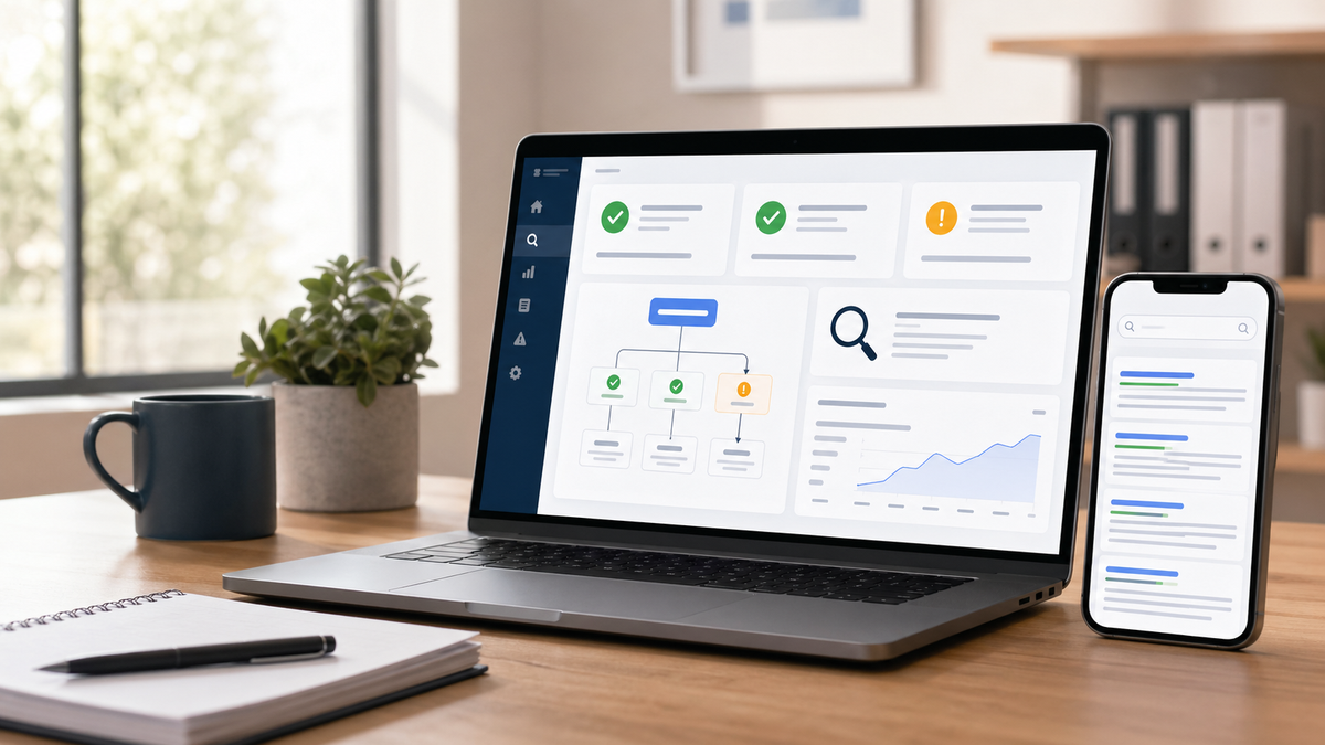 Diagnose-Dashboard prüft Indexierung, Sitemap und robots.txt einer Website, die bei Google nicht gefunden wird