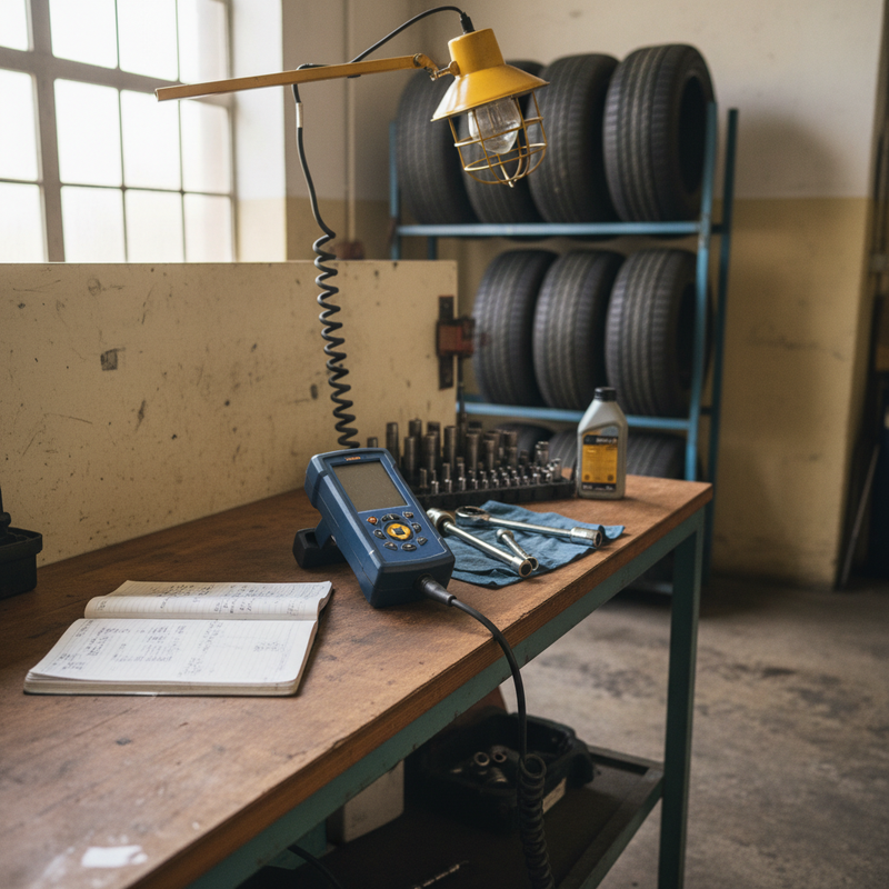 KFZ-Werkstatt-Werkbank mit OBD2-Diagnosescanner, Drehmomentschlüssel und Servicebuch