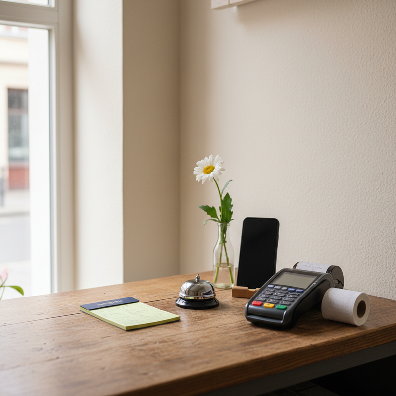 Kleiner Geschäfts-Tresen mit Smartphone, Bestellblock, Servicebell und Kartenterminal