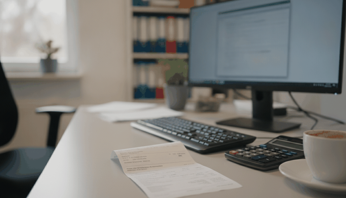 Schreibtisch mit ausgedruckter Rechnung, Tastatur, Bildschirm mit Formularmaske und Taschenrechner